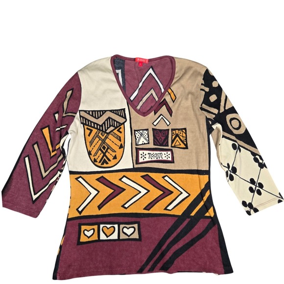 Tops - Vtg Noun Paris Y2K Euro Graphic 3/4 Sleeve V Neck Ribbed Top Sz Large